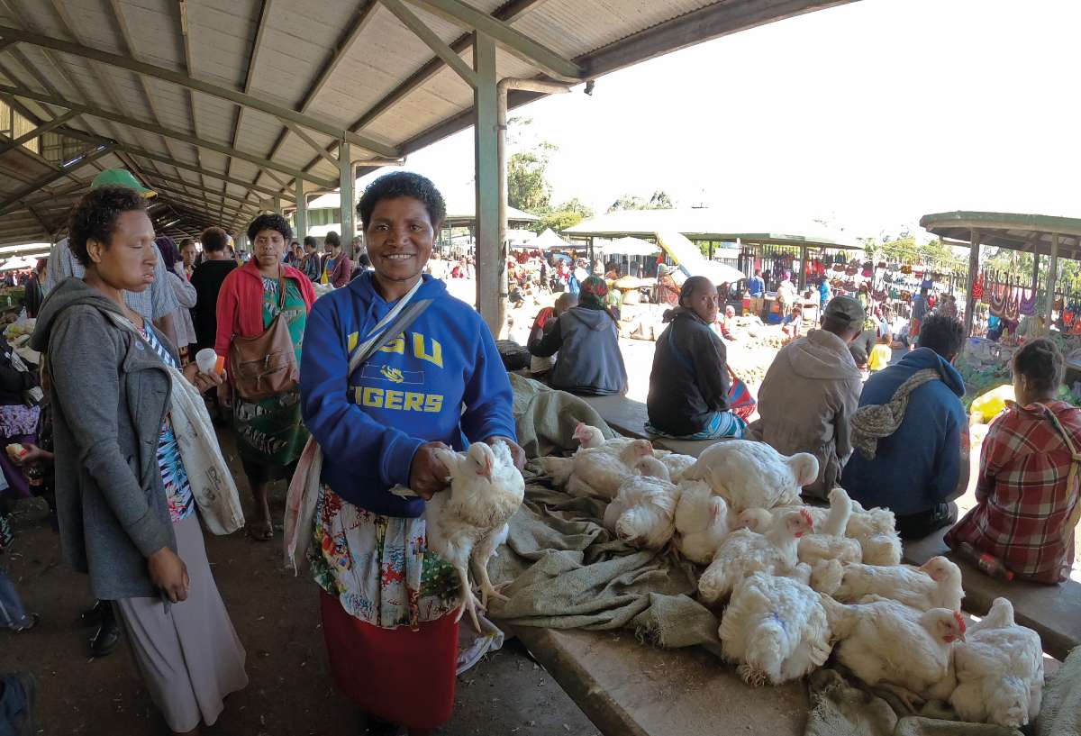 Market – Mount Hagen fő piaca. A legtöbben zöldségeket és gyümölcsöket árulnak, de egy helyi asszony például tyúkokat is